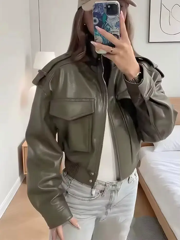 HH Dámska vintage bomber bunda z umelej kože s krátkym strihom