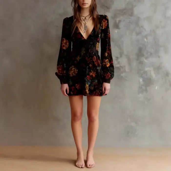 Robe Vintage élégante en velours imprimé Floral, col en v, taille Sexy, manches longues, ligne a, lanterne noire, robe de nuit Chic