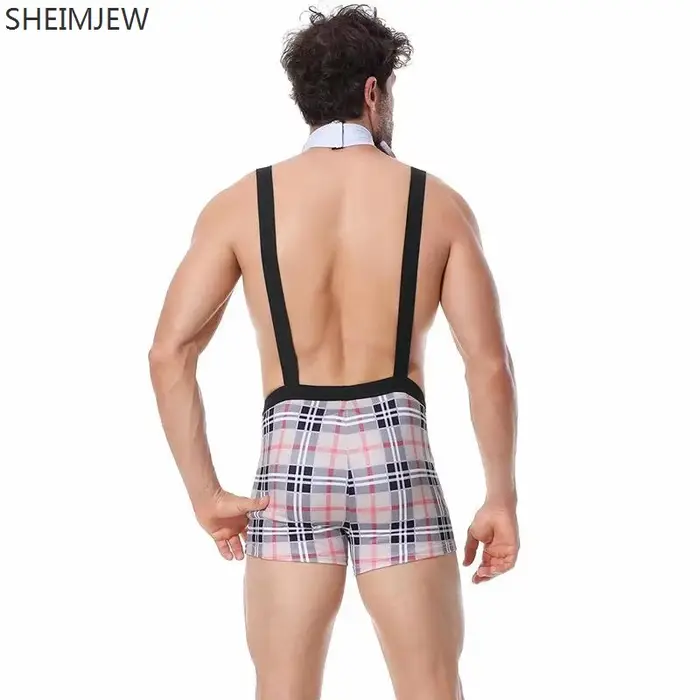 Qqa 2025 Plaid Noir Sexy ​   Costume de serveur de Lingerie, tenue à bretelles, Costumes d'halloween pour hommes, vêtements de club de fête