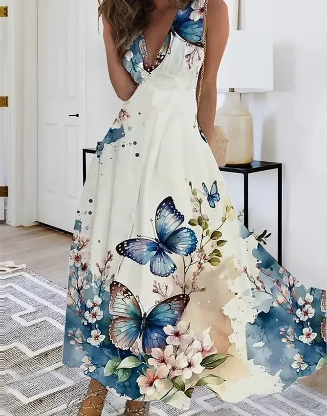 Robe mi-longue élégante pour femmes, tenue d'été, taille haute, sans manches, imprimée, Sexy, été, Л