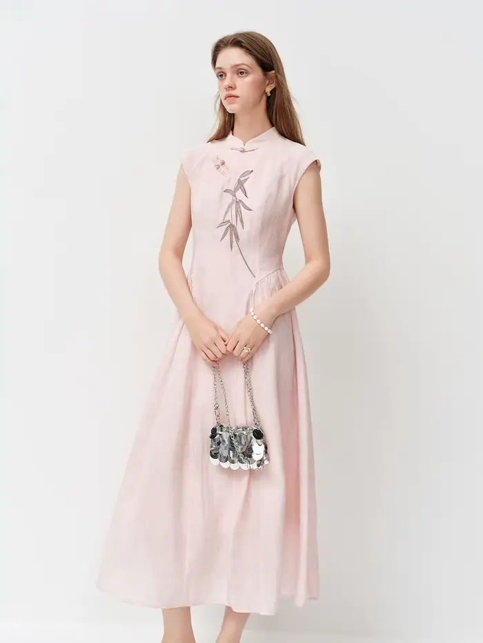 FSLE Nouvelle Robe Longue Slim Broderie Style Chinois pour Femme, Nouveautés Été 2026, Jupe Trapèze 