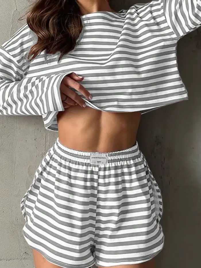 Dámske ľahké pyžamo set, elegantný štýl, okrúhly výstrih, šortky, pruhované vzory, pre spánok a relaxáciu v lete