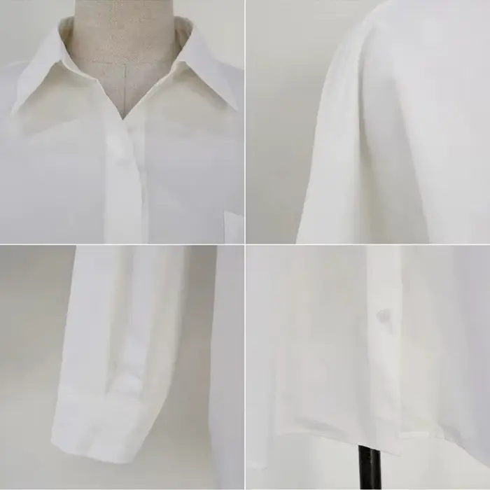 Elegantné biele voľné blúzky z bavlny s dlhým rukávom a golierom pre ženy