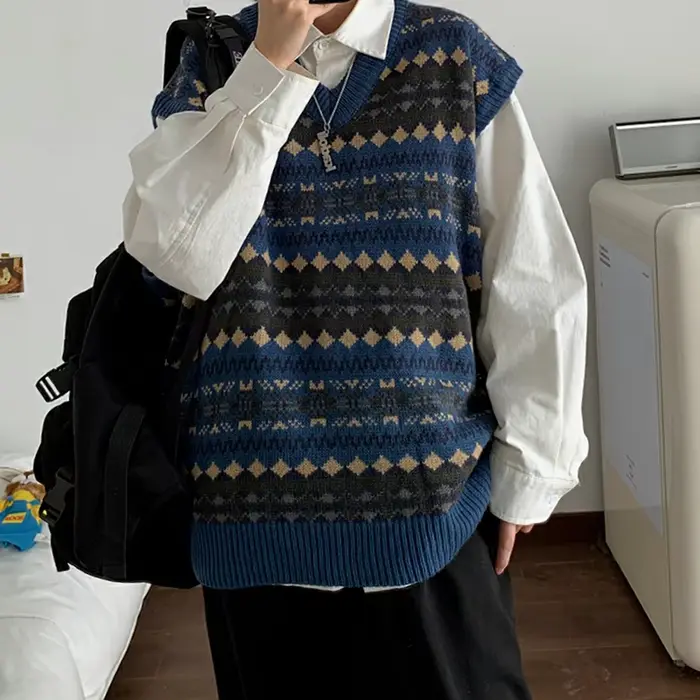 Dámsky retro argyle sveter s výstrihom do V