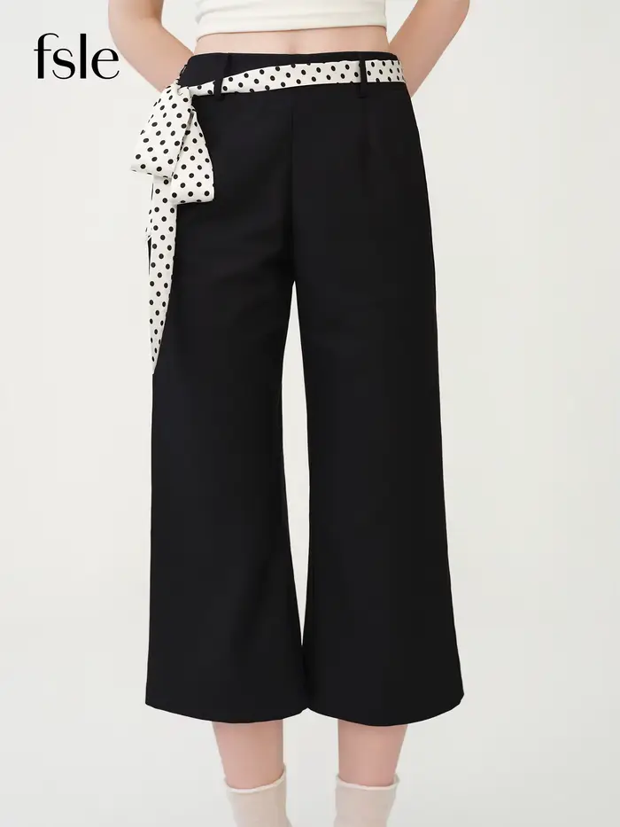 FSLE Pantalon décontracté taille basse à nouer à la taille, style rétro à pois, pour femme, nouvelle