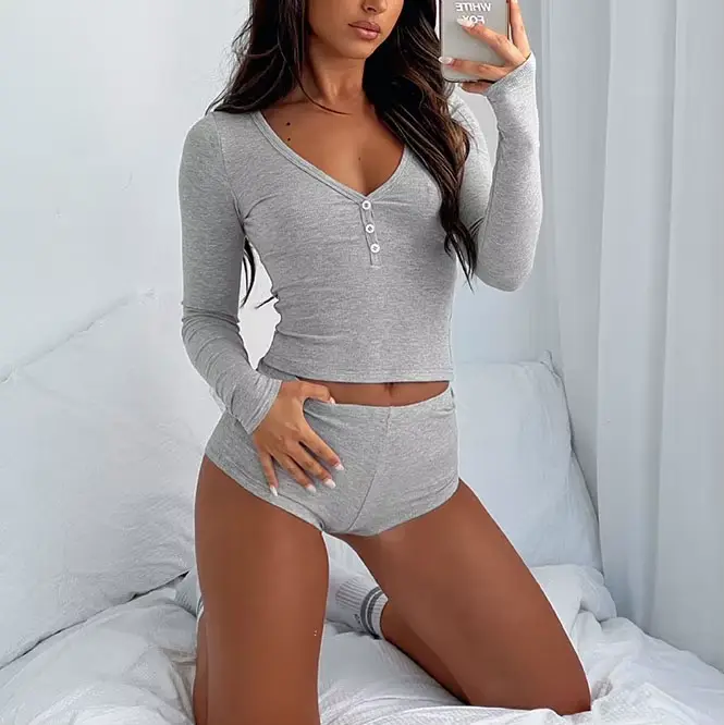 Ensemble pyjama 2 pièces pour femmes, manches longues, col en V, boutonné, hauts courts, Sexy, Y2k, 