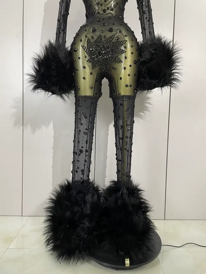 Luxusné čierne diamantové sieťované priehľadné elastické body s dlhým rukávom pre ženy Sexy Performance spevák Cos