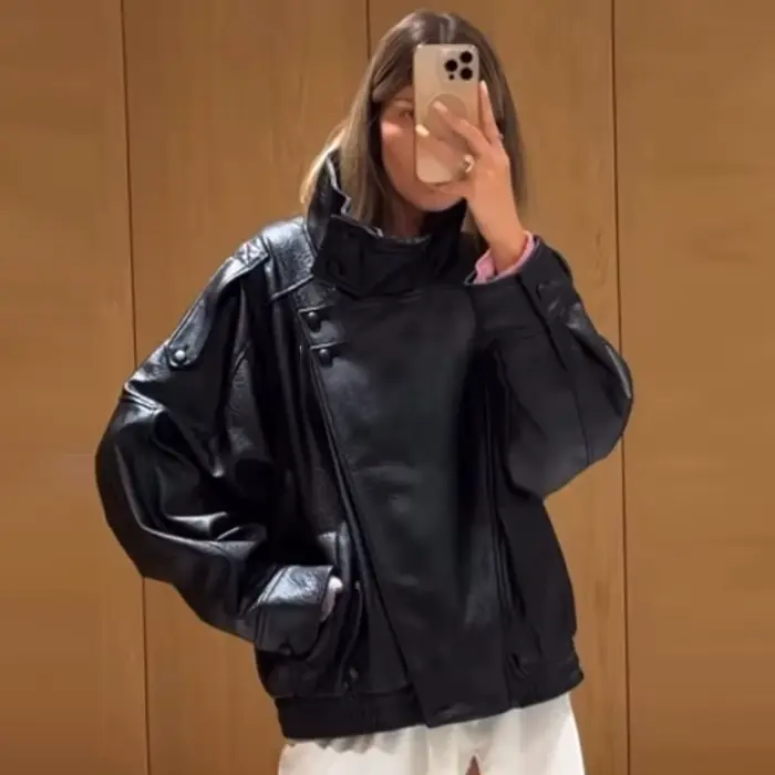 HXAO Čierna bunda z umelej kože pre ženy nový strih oversized bomber