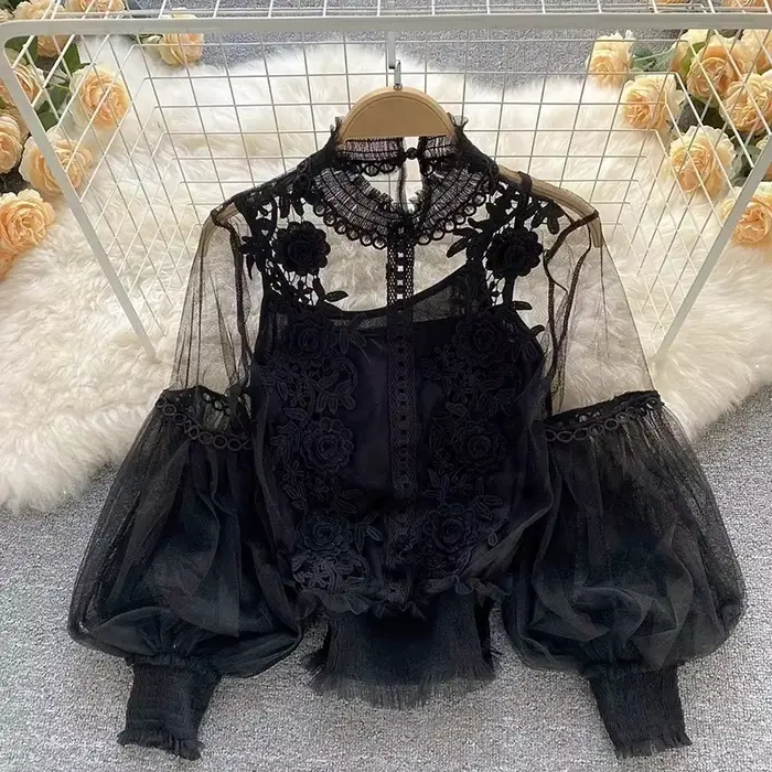 Dlhé rukávy nadýchaná čipka Vintage blúzka Módne elegantné blúzky pre ženy Kórejské