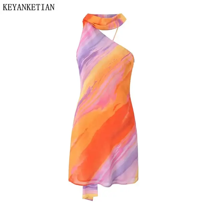 KEYANKETIAN nouveau lancement vacances vent femmes rayé cravate-teinture streamer décoration asymétr
