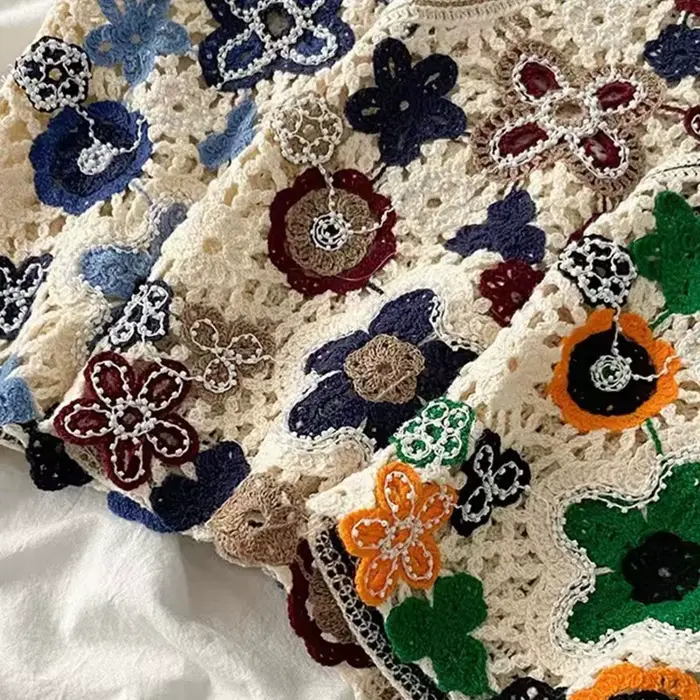 Femmes Vintage creux Crochet tricot gilet gilet ethnique perlé broderie coloré Floral sans manches c