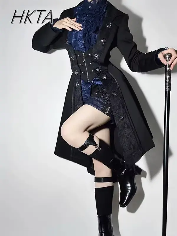 Trench Coat Gothisme Moderne Femme High Street Design Noir Polyvalent Occasions Speciales