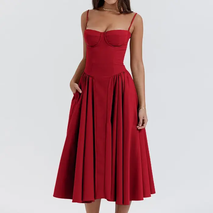 Robe mi-longue plissée dos nu pour femme, élégante, sexy, solide, fronde, soirée, robes trapèze, été