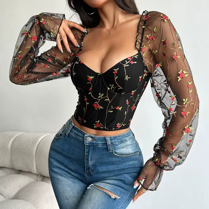 Dámske korzety s dlhým rukávom Fishbone, kvetinové vyšívané bustiers, univerzálny Top korzet, rez pokrytý, oka, sexy pikantné dievča, móda