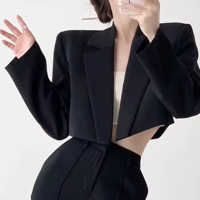 Dámske krátke biele sako základný elegantný jednofarebný vrch s dlhými rukávmi otvorený vpredu ležérny kabát