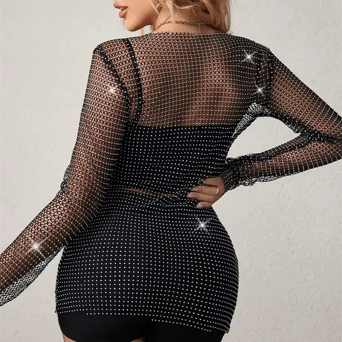 Pletené šaty pre ženy štýl sexy okrúhly krk s mesh detaily pre večierky a pláž