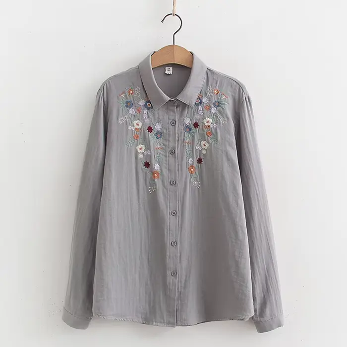 Chemise brodée de fleurs en fil double couche pour femmes, chemisier en coton femme, manches longues