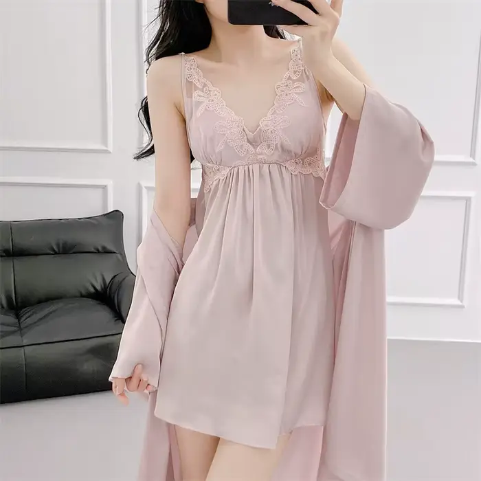 Chladená hodvábna nočná košeľa a šaty, nočné oblečenie, dvojdielna čipka Kimono Set, štýlový dlhý župan, sexy nočná košeľa, domáce oblečenie