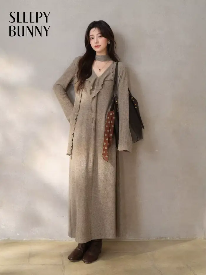 Robe française élégante en tricot, col en v, manches longues, élastique, Maxi, Design asymétrique, r