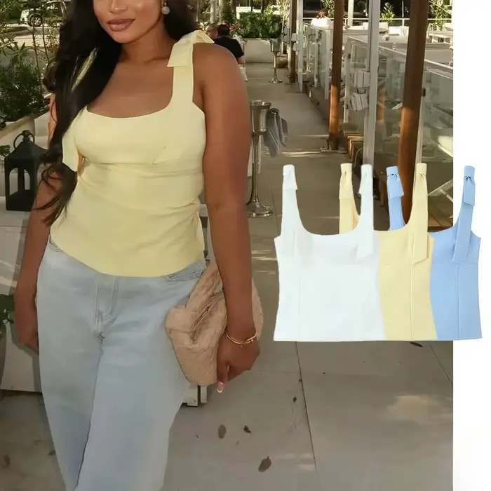 KONDALA Sexy Chic žltý oblúk top s zipsom kravata tenký krátky Cami top ženy móda 2025 leto elegantný Y2K