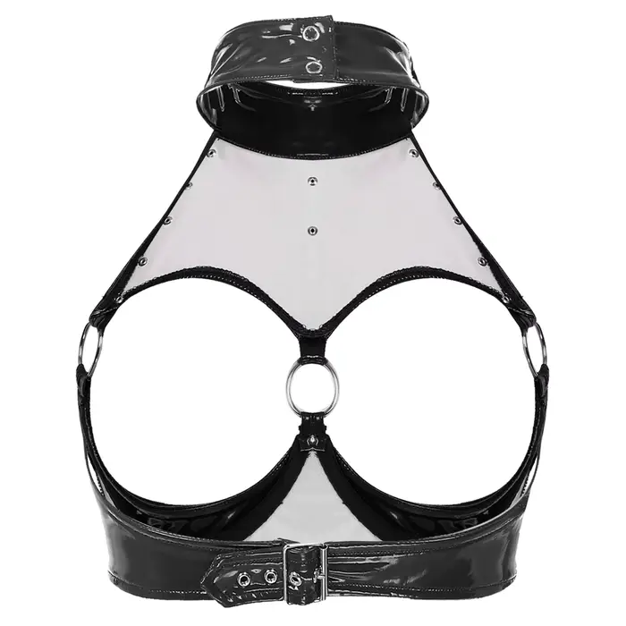 Ensemble de lingerie sexy pour femme en cuir verni effet mouillé, soutien-gorge sexy sans armatures à bonnets ouverts avec volants, strings intégrés, porte-jarretelles et mini-jupes