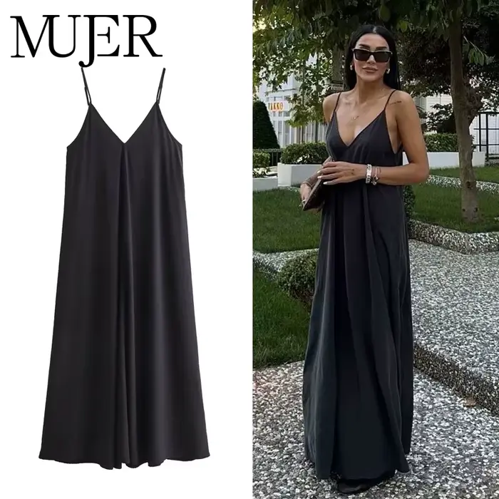 MUJER čierne dlhé šaty pre ženy červené drapované letné