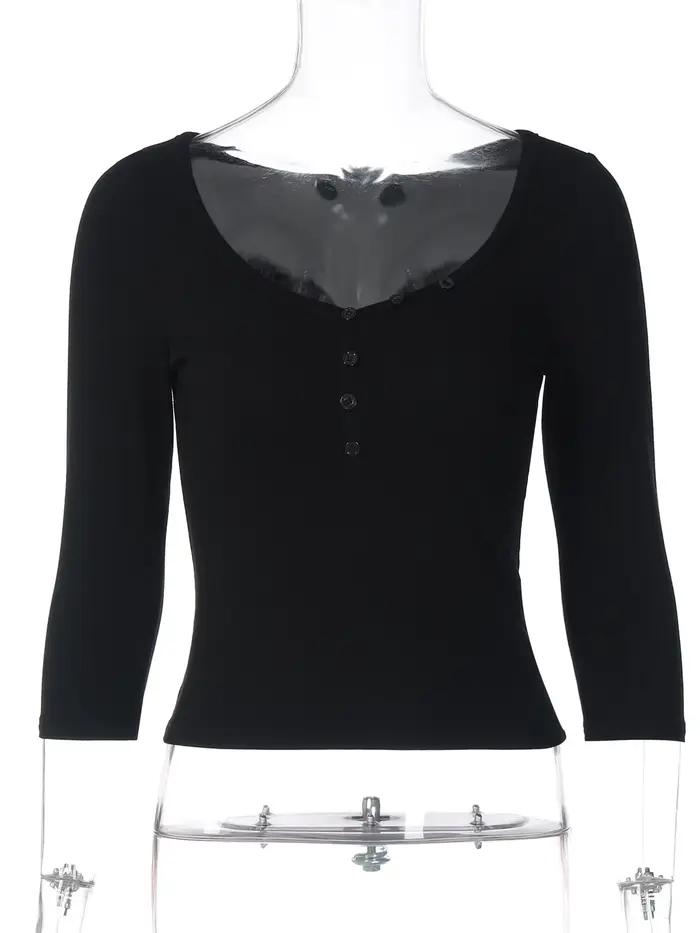 Dulzura automne solide col rond demi manches simple boutonnage mince T-Shirt femmes décontracté poly