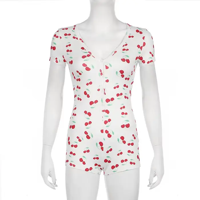 Onesies dámske pyžamo tlačidlo predné tlače cherry v-neck krátke rukávy romper kombinéza nočná košeľa nočné oblečenie