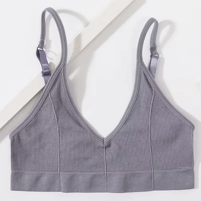 Soutien-gorge sans couture pour femme, style tube, côtelé, col en V, sans armatures, dos en U, linge