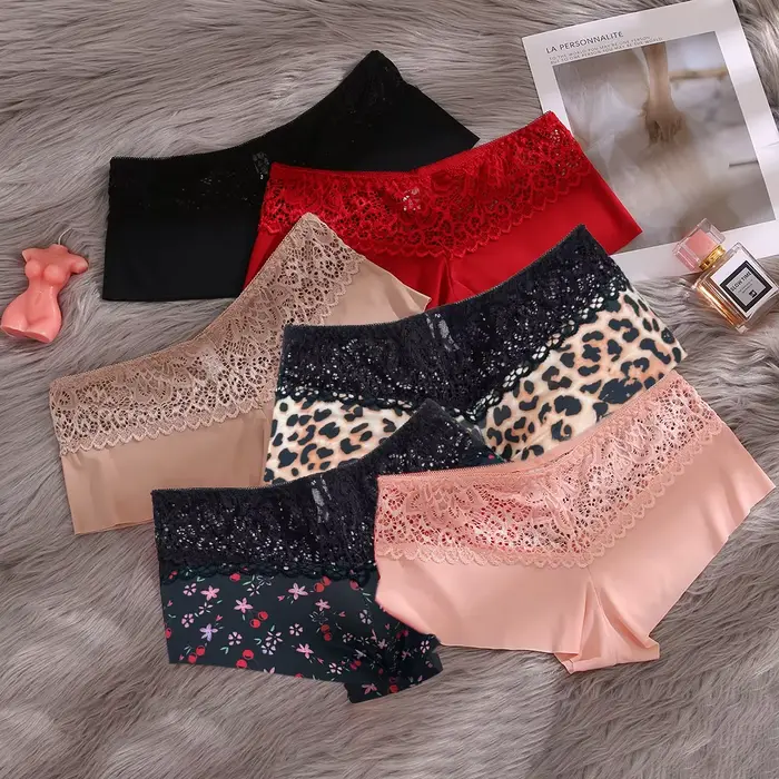 Dámske boxerky leopard a čerešňa potlač Sexy spodná bielizeň z čipky vysoko elastická Lingerie