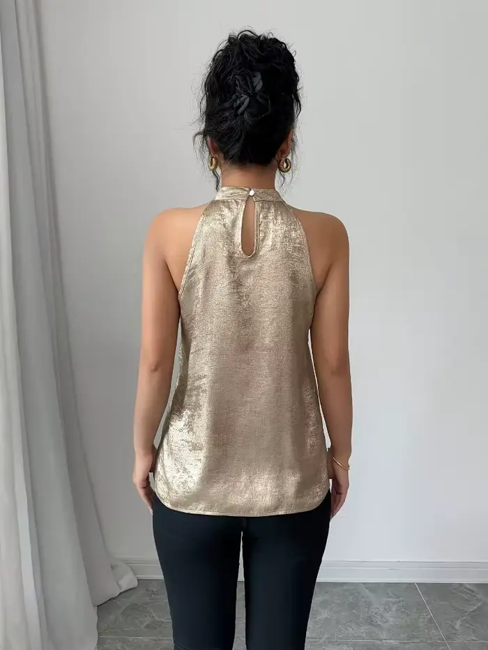 Chemise élégante et sexy pour femmes, couleur champagne dorée brillante, col halter, épaules dénudée