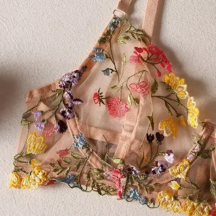 Dámske kvetinové vyšívané spodná bielizeň Set, Boho priehľadná podprsenka, nohavičky spodná bielizeň Set, intímne, 2 kusy