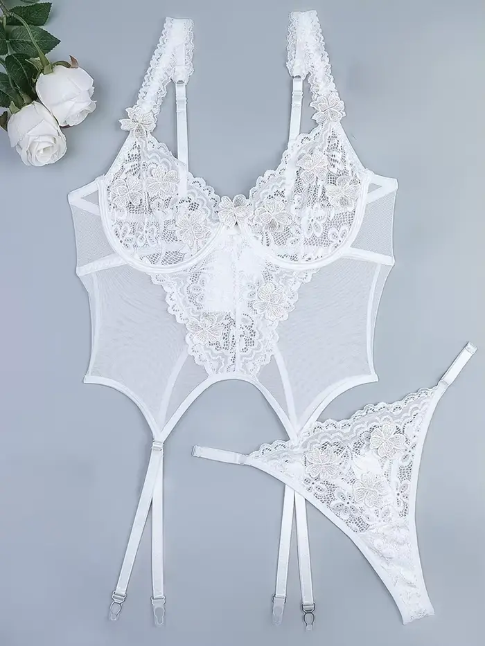 Belamimi – Lingerie florale brodée, ensemble haut et culotte sexy en dentelle transparente avec appl