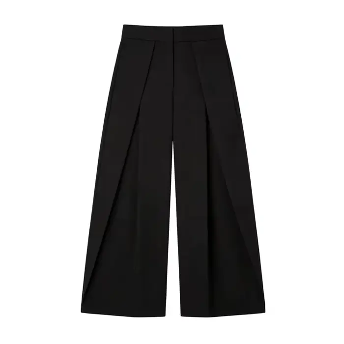 Pantalon Baggy Noir Plissé à Jambes Larges Rayé Décontracté Taille Haute pour Femme Printemps