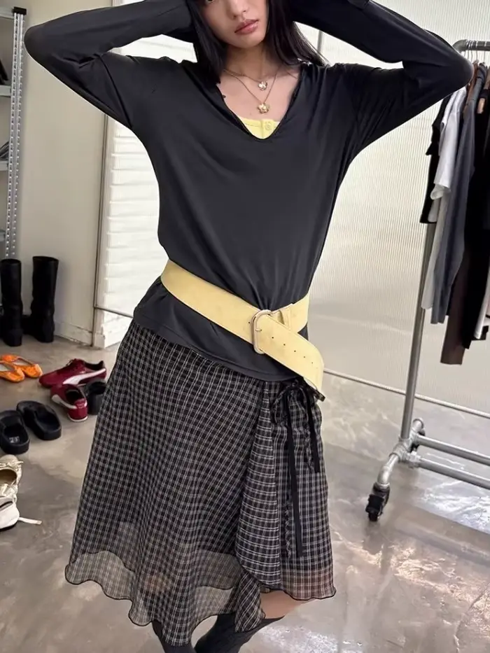 Deeptown Vintage Plaid sieťovaná sukňa pre ženy japonská asymetrická midi