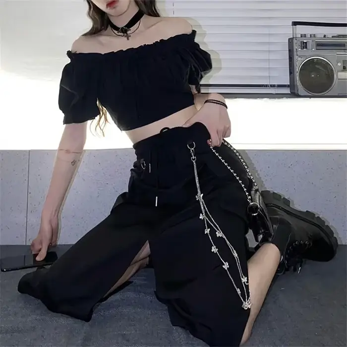 Jupe longue noire de Style coréen pour femmes, avec chaîne, fente latérale, Hip Hop, Streetwear, gra