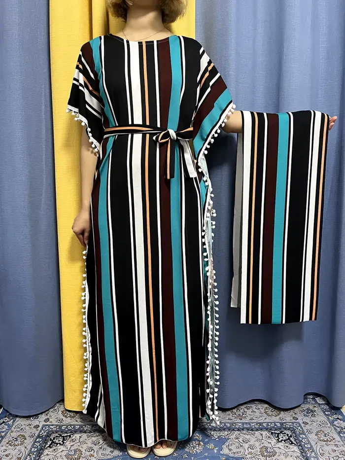 Abayas pour femmes 2023 imprimé rayure verticale glands élasticité coupe ample Femme Robe femme afri