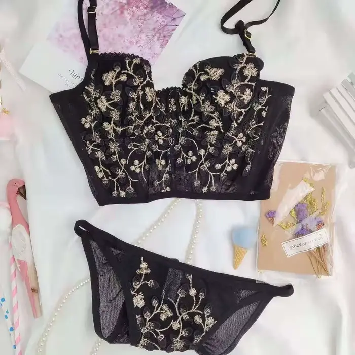 Dámske sexy vyšívané čipky spodná bielizeň Set, Retro spodná bielizeň, pohodlné podprsenka, Push-Up podprsenka, svadobné nohavičky sady