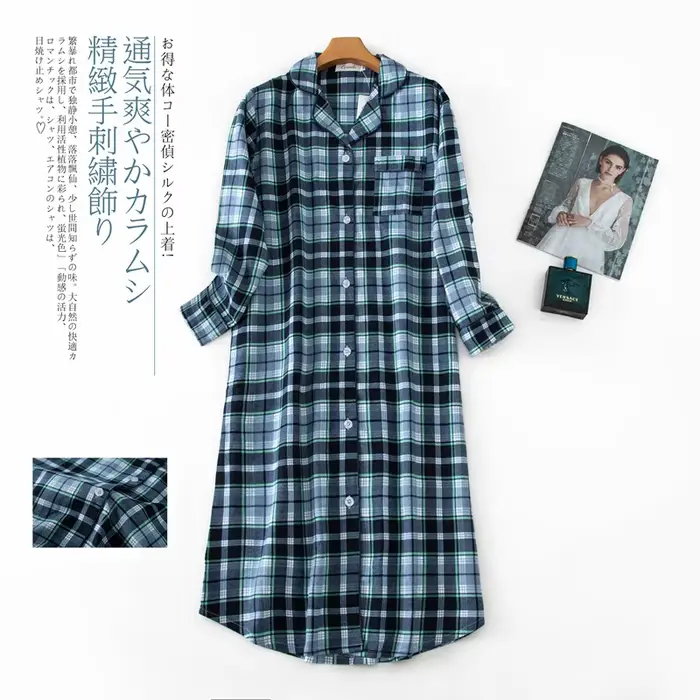 Chemise de nuit en coton flanelle longue pour femmes manches longues col rabattu poche frontale pour nuits d'automne et d'hiver occassions spéciales