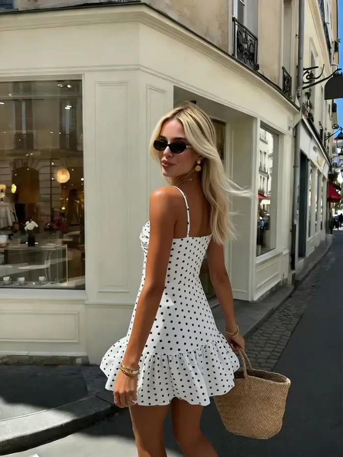 Nouvelle Robe Courte Femme Été 2026 à Pois, Robe Cami Sexy à Bretelles Fines et Ourlet Volanté, Idéa