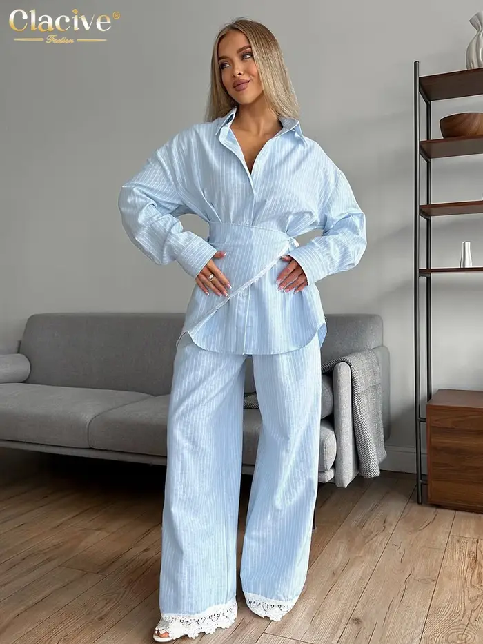 Clacive – ensemble 3 pièces ample à rayures bleues pour femmes, chemise élégante à manches longues +