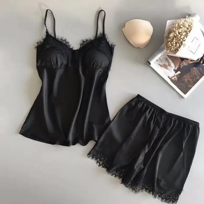 Femmes pyjama ensemble mode col en V Stretch Satin nuisette dentelle Sexy Lingerie nœud papillon chemise de nuit sommeil Shorts ensemble vêtements de nuit