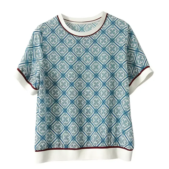 Nouveauté Été 2026 : T-shirt décontracté pour femme, à manches courtes, en soie glacée, imprimé cont