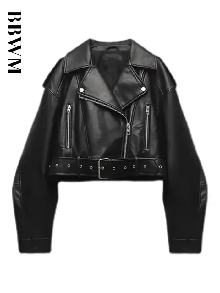 BBWM dámska nadrozmerná vintage voľná PU kožená bunda s opaskom Streetwear retro zips