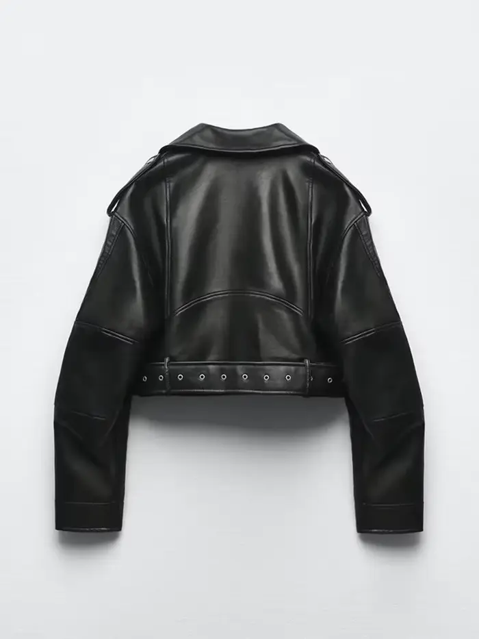 Ailegogo printemps automne femmes Faux cuir Pu veste courte avec ceinture moto motard femme fermetur