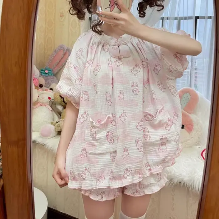 Kawaii Lolita Style lapin imprimé pyjamas ensemble Girly mignon à manches courtes hauts Shorts costume femmes décontracté princesse Homewear Pijama ABDL