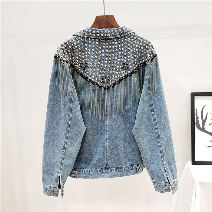 TEELYNN Boho čierna Denim bunda pre ženy kabát s dlhým rukávom jeseň voľný strapce Jean bundy 2025 perly nity