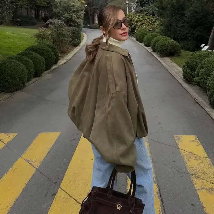 MUJER 2025 vestes bombardier en daim pour femmes vêtements d'extérieur veste surdimensionnée femme S