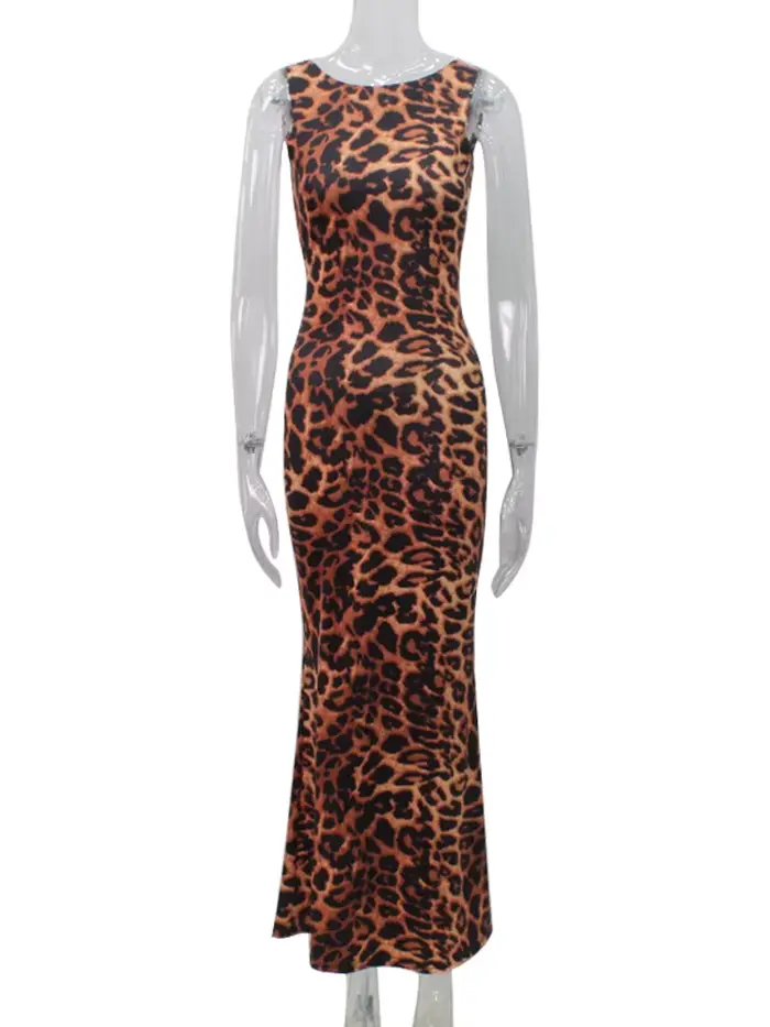 Ahagaga-Robes Maxi Imprimé Léopard pour Femme, Robes Éducatives Élégantes, Dos aux, Régulière, Décon
