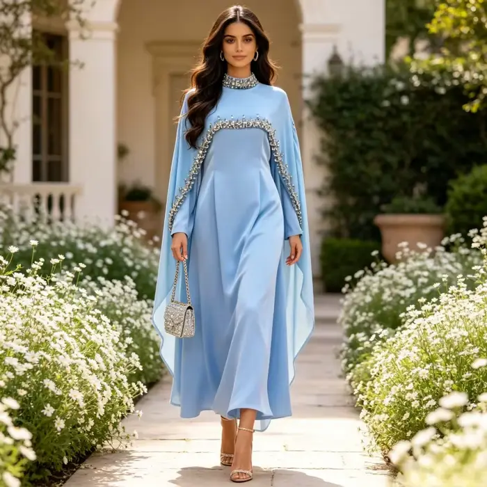 Elegantné dámske Abaya večerné šaty z polyesteru s diamantovými detailmi pre Eid ceremónie a ramadán špeciálne príležitosti